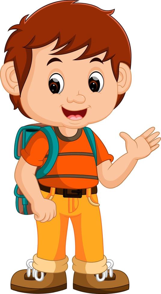 lindo, niño, con, mochila, caricatura vector