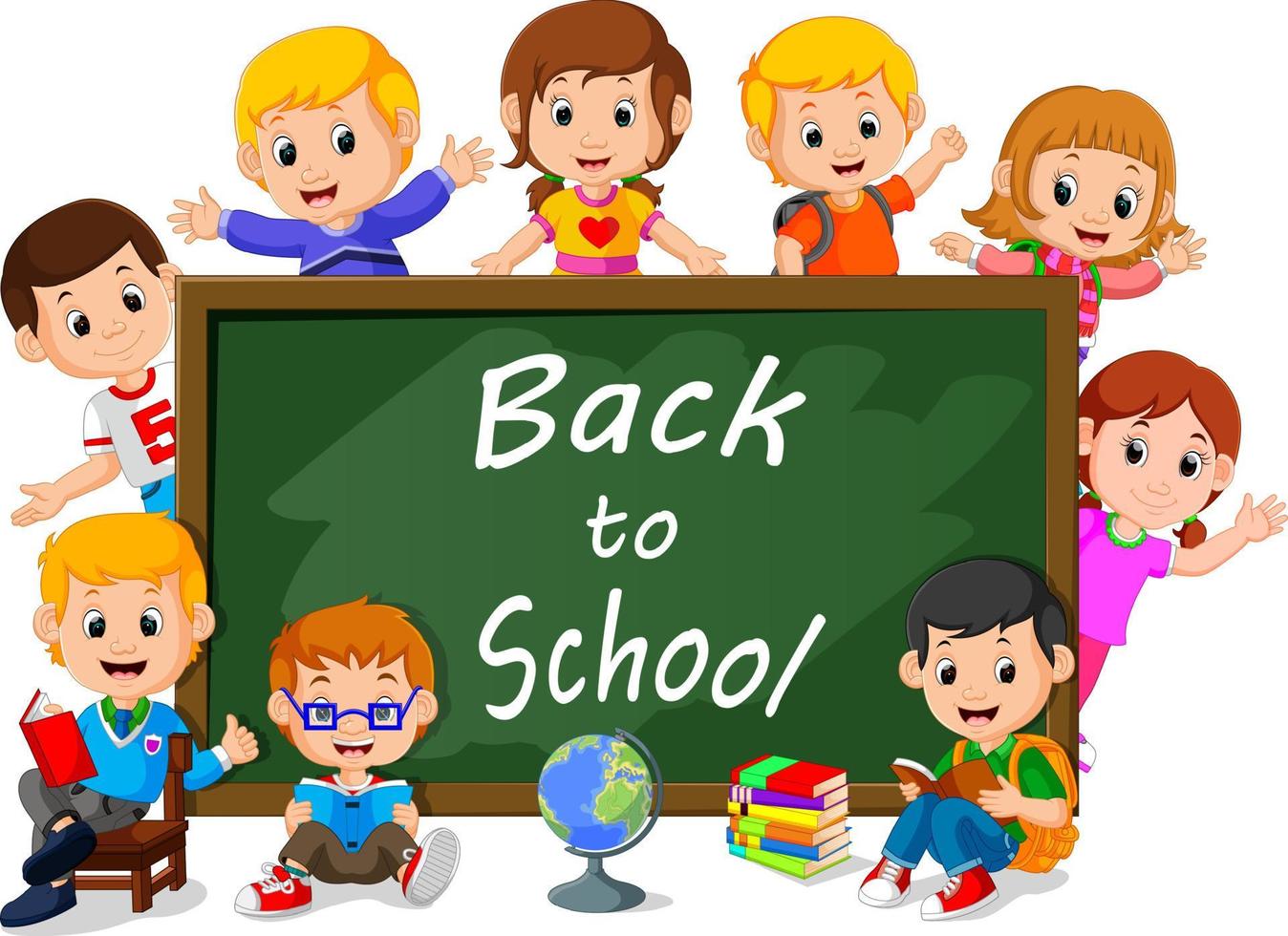 Smiling happy schoolchildren with green banner Blackboard vector