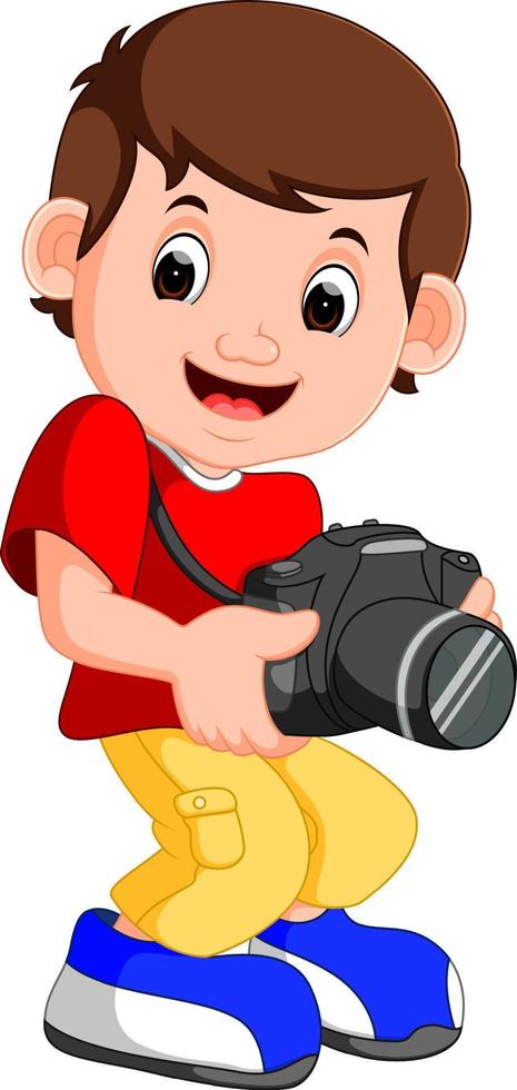 Little boy cartoon holding camera vector