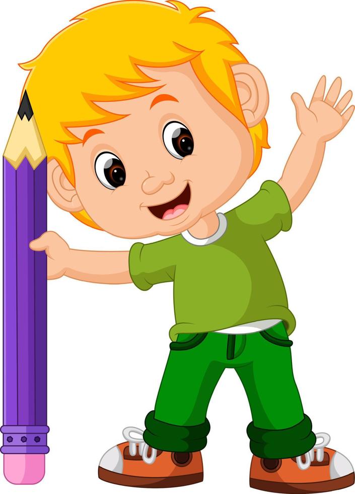 kids boy with big pencil cartoon vector