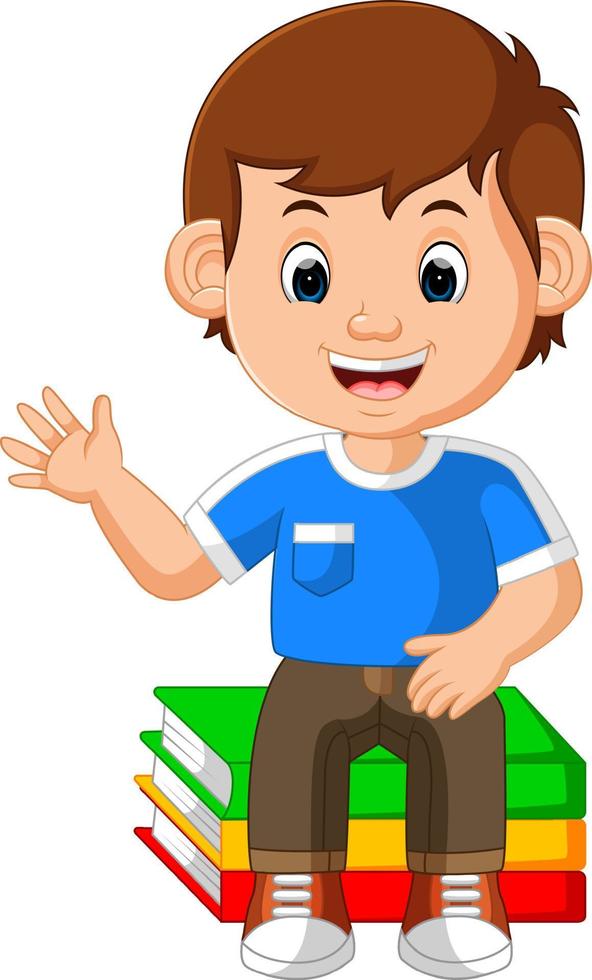 kids boy sitting on big book cartoon vector