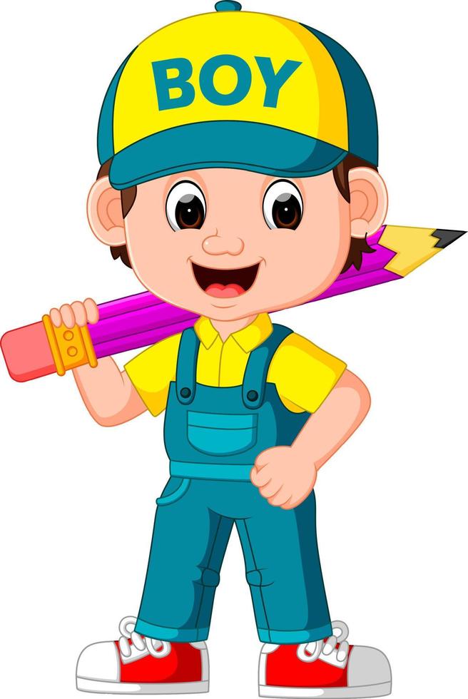 cute boy holding big pencil vector