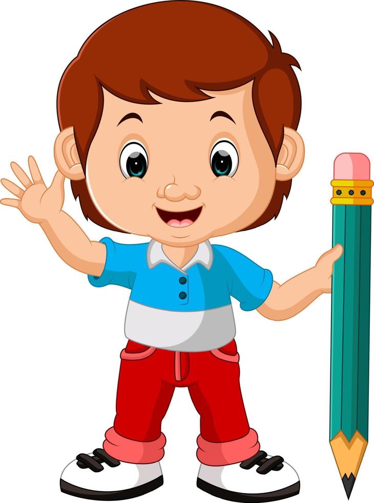 boy holding big pencil vector