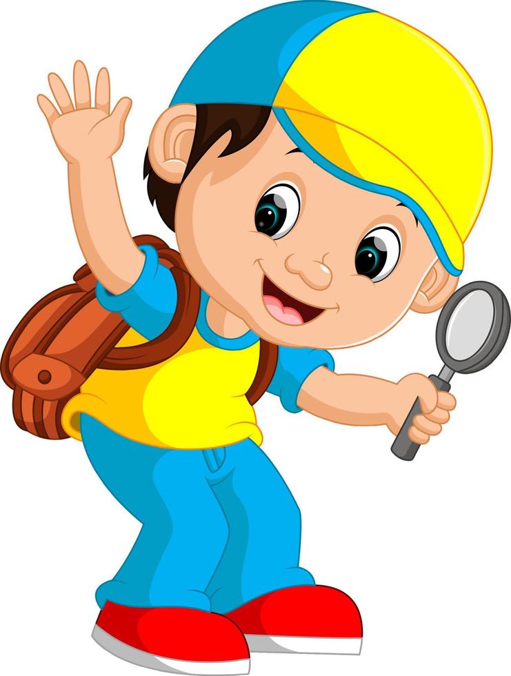 boy holding magnifying glass cartoon vector