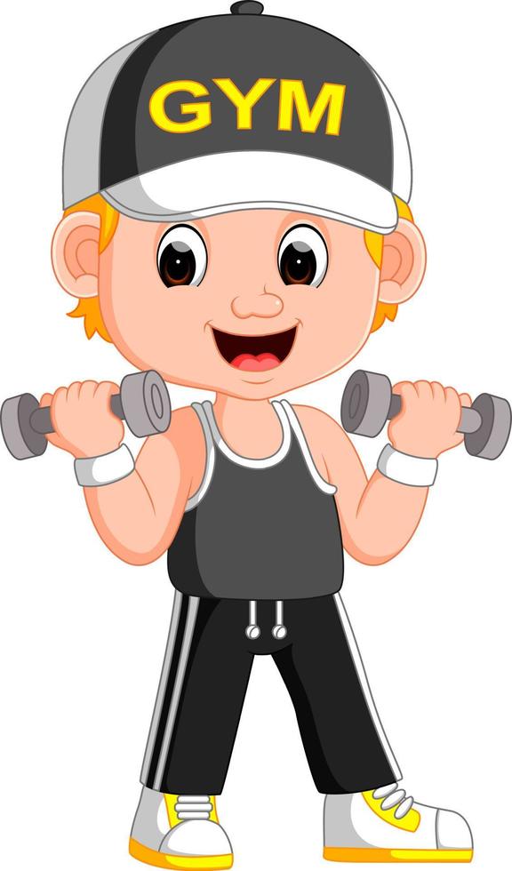 Cartoon illustration of a man exercising with dumbbells vector