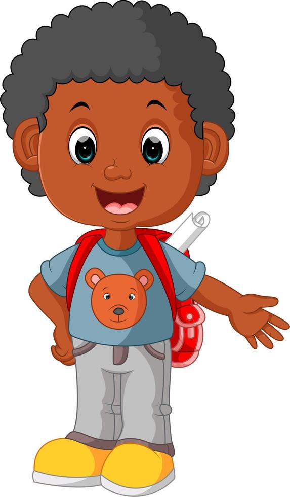 lindo, niño, con, mochila, caricatura vector