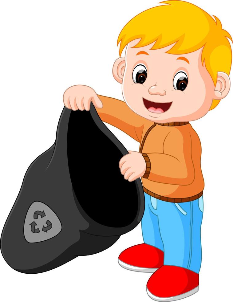 Boy Handling a Plastic Garbage Bag vector