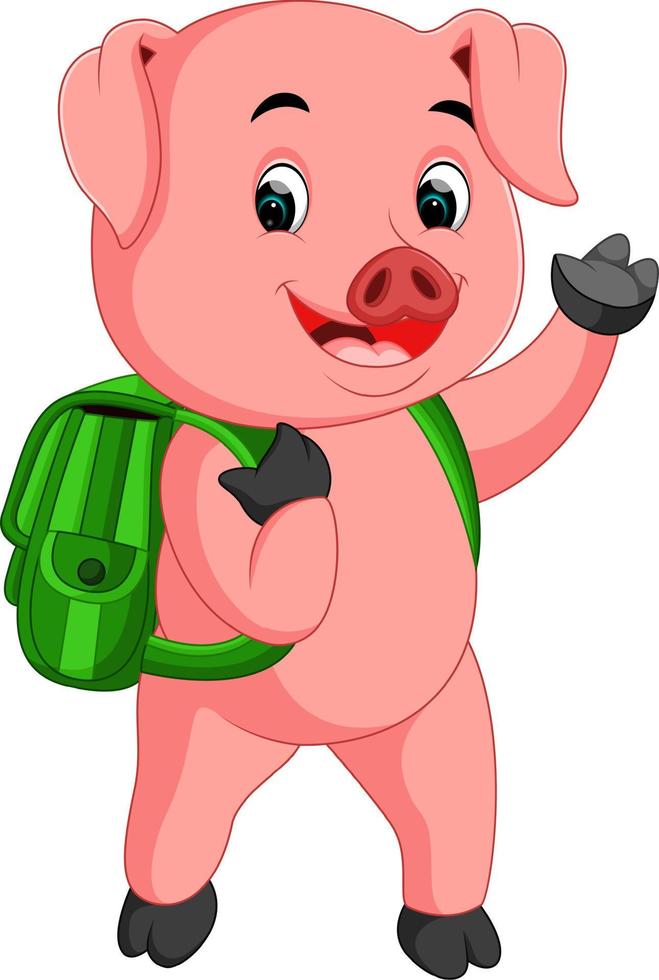 lindo cerdo escolar caminando con una mochila vector