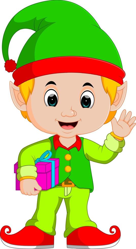 Cartoon elf holding gift box vector