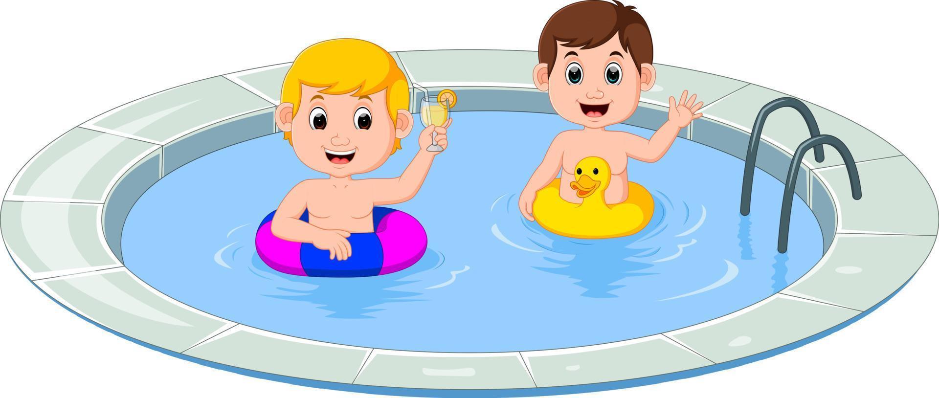 lindos niños pequeños nadando con dibujos animados de círculo inflable vector