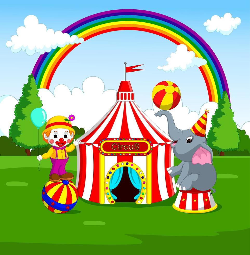 elefante de circo y payaso con fondo de carnaval vector