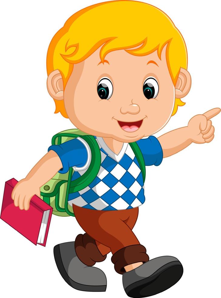 lindo, niño, con, mochila, caricatura vector