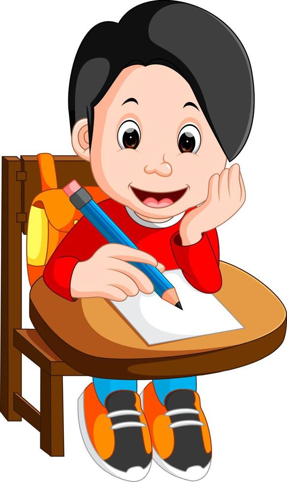 Happy schoolboy writing in class vector