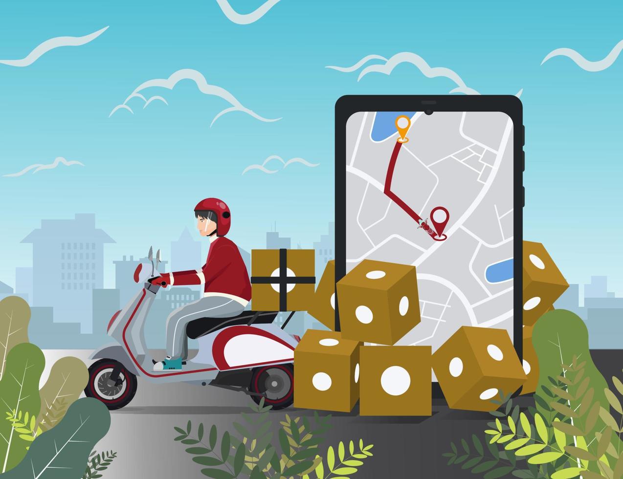 Delivery man on motorcycle with cardboard boxes and phone vector