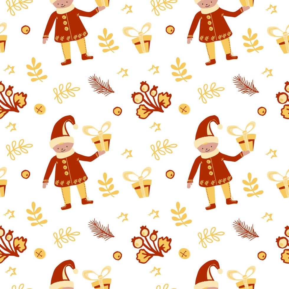 Seamless Christmas pattern. Painted elements in a doodle style. Cute little elves with a gift surrounded by spruce branches and berries. For holiday decorations from paper, fabric vector