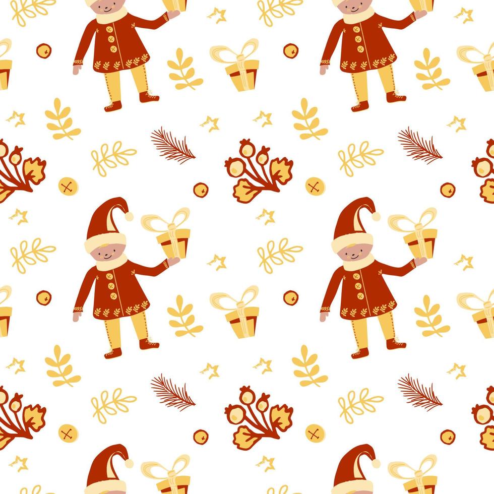 Seamless Christmas pattern. Painted elements in a doodle style. Cute little elves with a gift surrounded by spruce branches and berries. For holiday decorations from paper, fabric vector