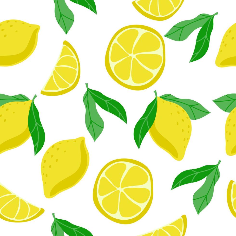 Seamless pattern of bright lemons, hand-drawn elements. Summer. Yellow lemons with leaves on white background. Whole lemons and halves. Lemonade. Suitable for textiles and packaging. vector