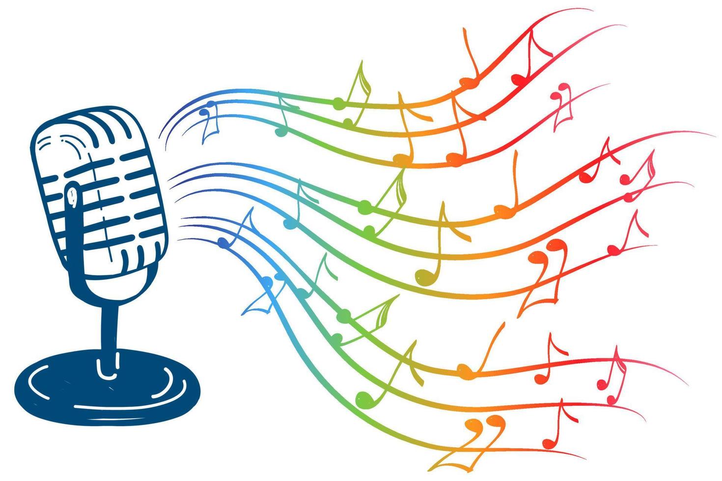 Karaoke music icon in doodle style. Vintage microphone with notes vector cartoon illustration on white isolated background. Audio equipment concept with bright rainbow melody effect