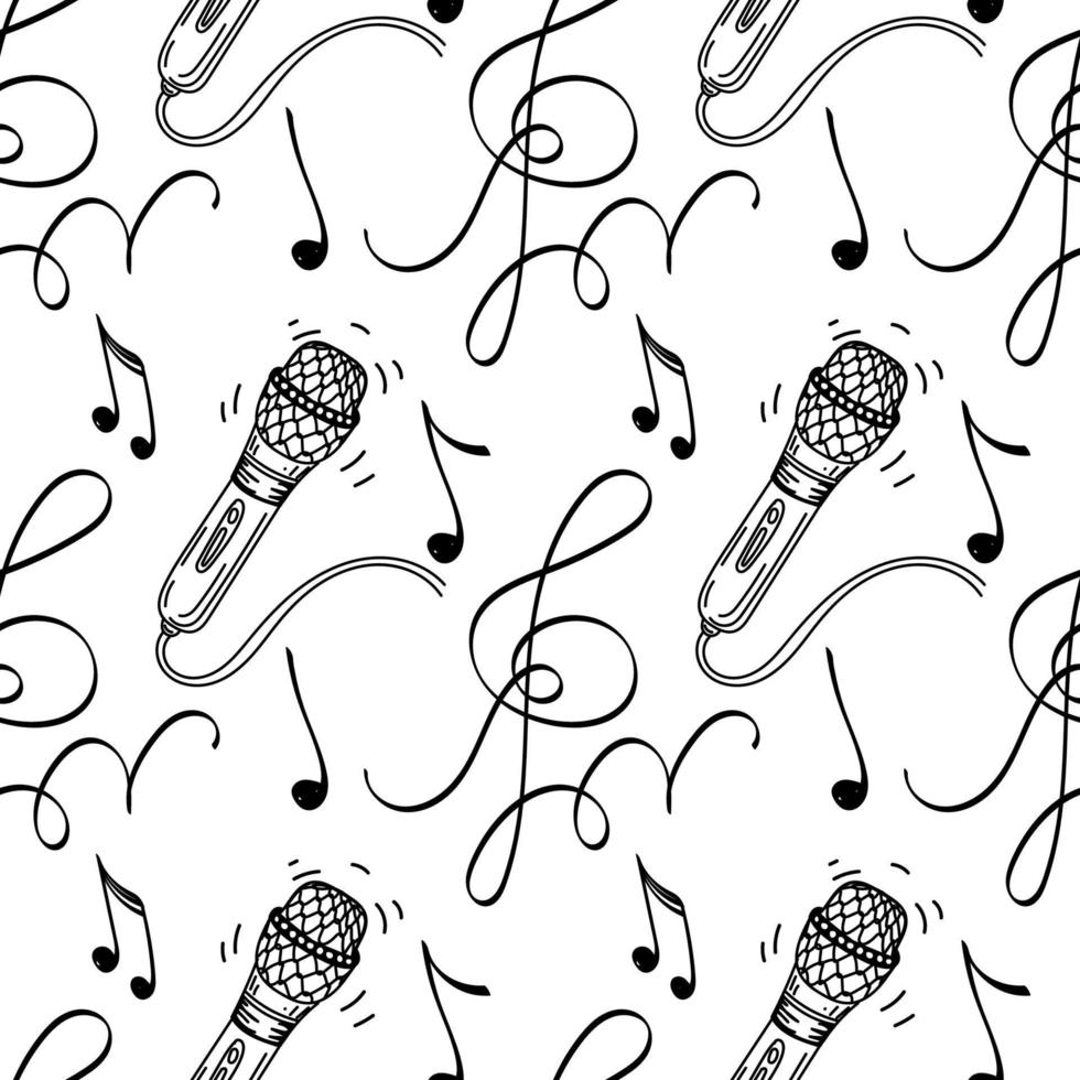 patrón sin costuras de micrófono, clave de música y notas. elementos de fideos dibujados a mano. fondo musical, ilustración vectorial vector