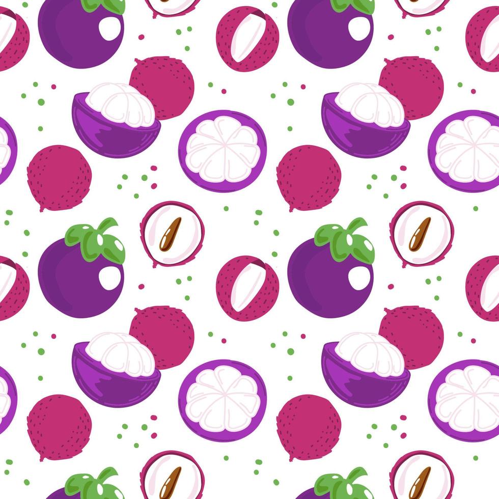 A seamless drawing of an exotic litchi and mangosteen fruit. Whole and half, hand-drawn in sketch style. Lychee. Mangosteen. Fruit. Vector simple illustration