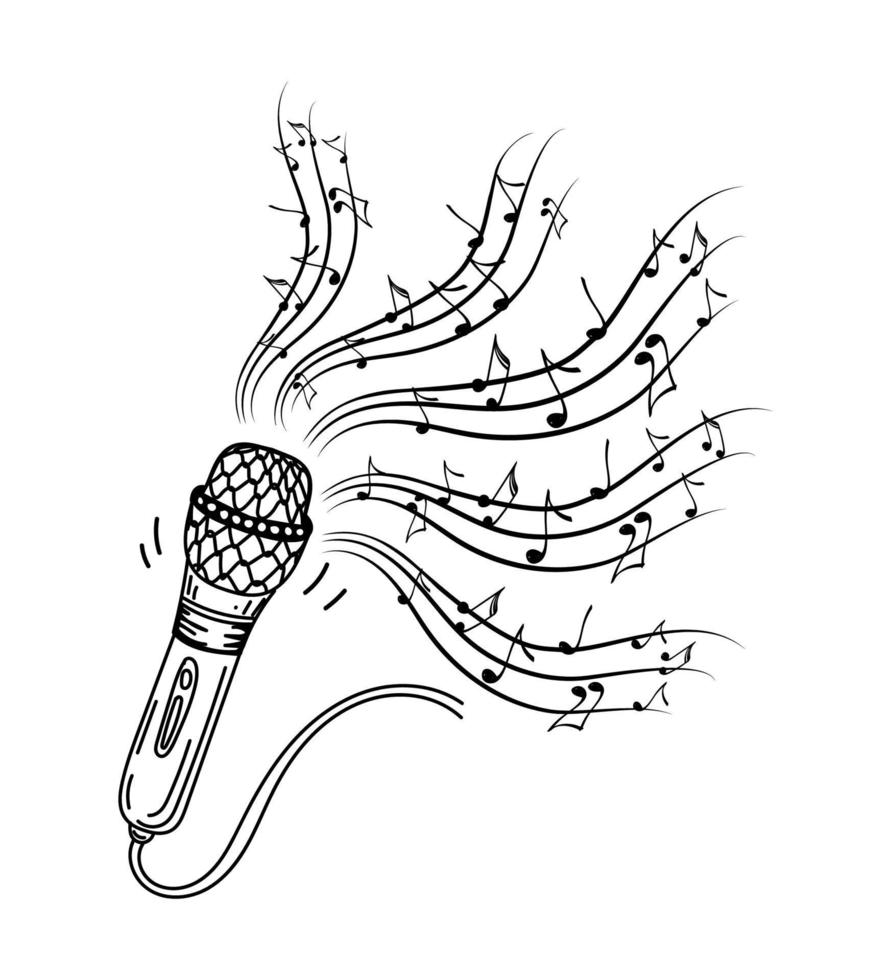 Karaoke music icon in doodle style. Vintage microphone with notes vector cartoon illustration on white isolated background. Monochrome illustration. Audio equipment concept with bright rainbow melody.