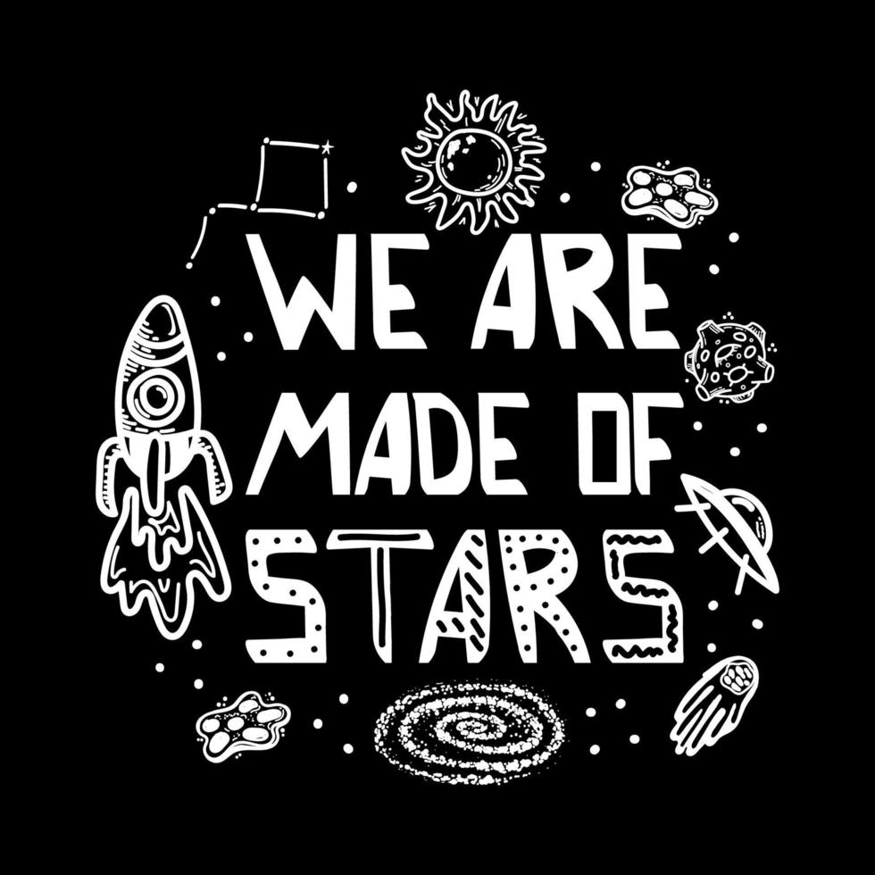 Set of flying transport, rocket, planet, comet and stars. Hand-drawn doodle-style elements. We are made of stars, hand-drawn. Black hole. Constellation, flying saucer. Space objects and stars vector