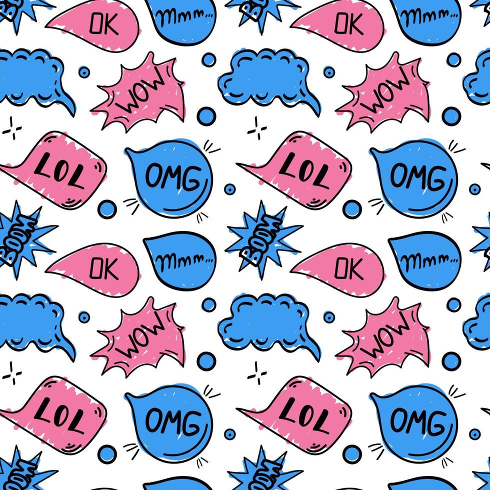 A seamless pattern of speech bubbles with hand-drawn doodle-style dialog words. OMG, Lool, Boom, Wow, Mmm. Vector illustration