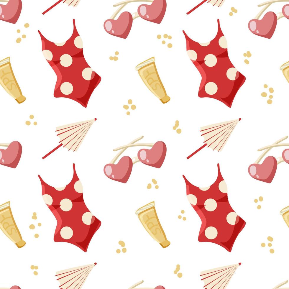 Seamless pattern of summer elements, hand-drawn in cartoon style. Cute swimsuits, cocktail umbrellas, sunglasses and sunglasses on a white background. Summer fun dough background vector