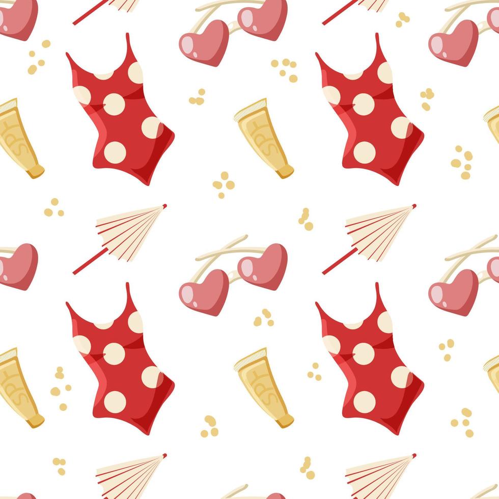 Seamless pattern of summer elements, hand-drawn in cartoon style. Cute swimsuits, cocktail umbrellas, sunglasses and sunglasses on a white background. Summer fun dough background vector