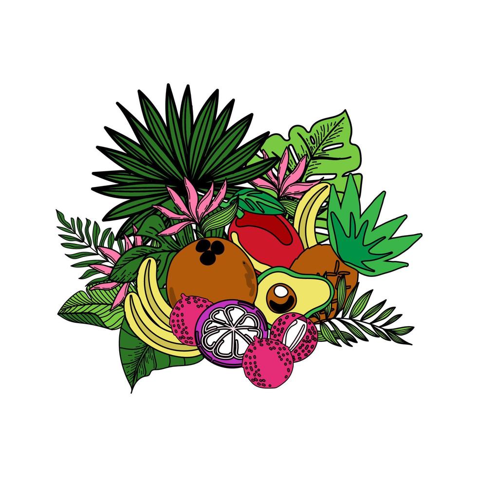 Banner, poster with exotic jungle fruits and leaves and exotic flowers. Elements are hand drawn in a flat style. Floral and fruity tropical summer background. Vector illustration