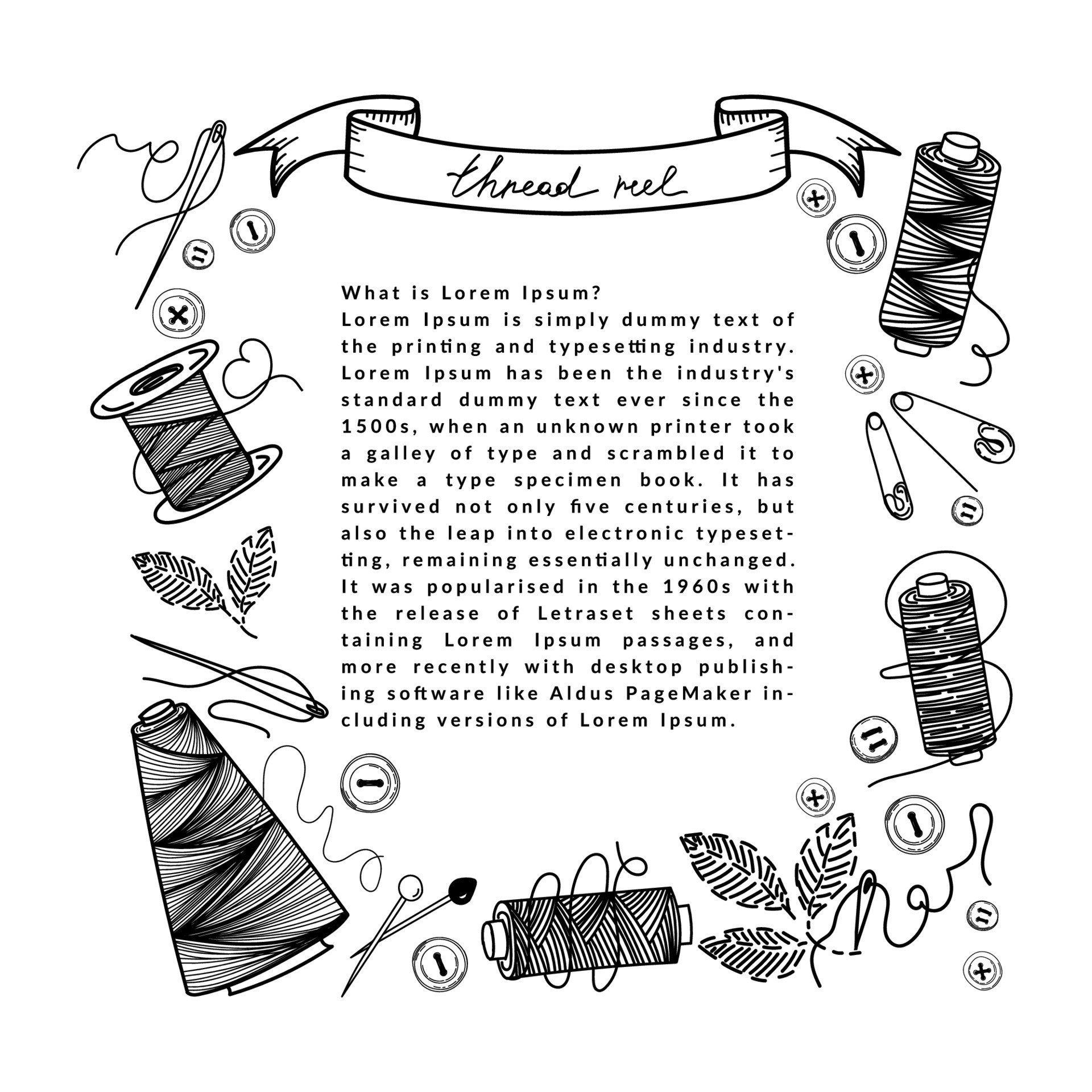 Template from a set of sewing threads, handdrawn doodles in sketch