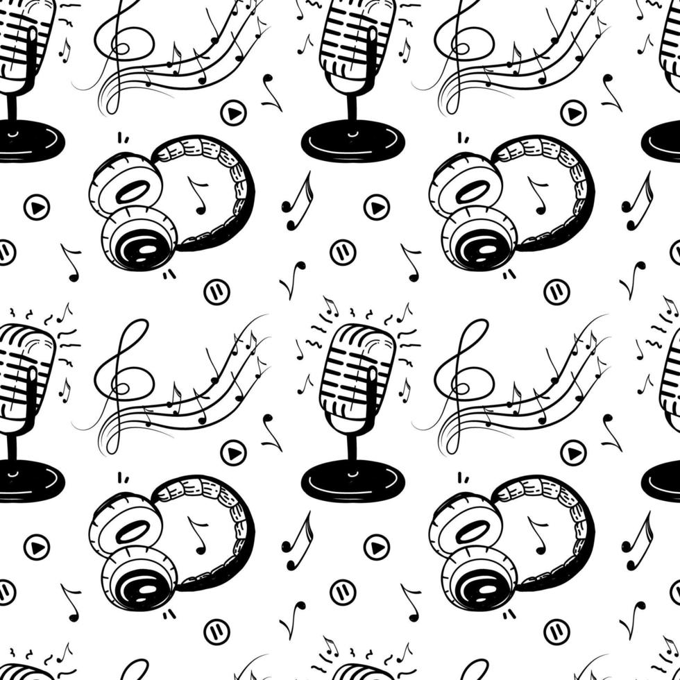 A seamless pattern of music symbols, music notes, violin keys, microphones, and headphones. Hand-drawn doodle-style elements. Vector illustration