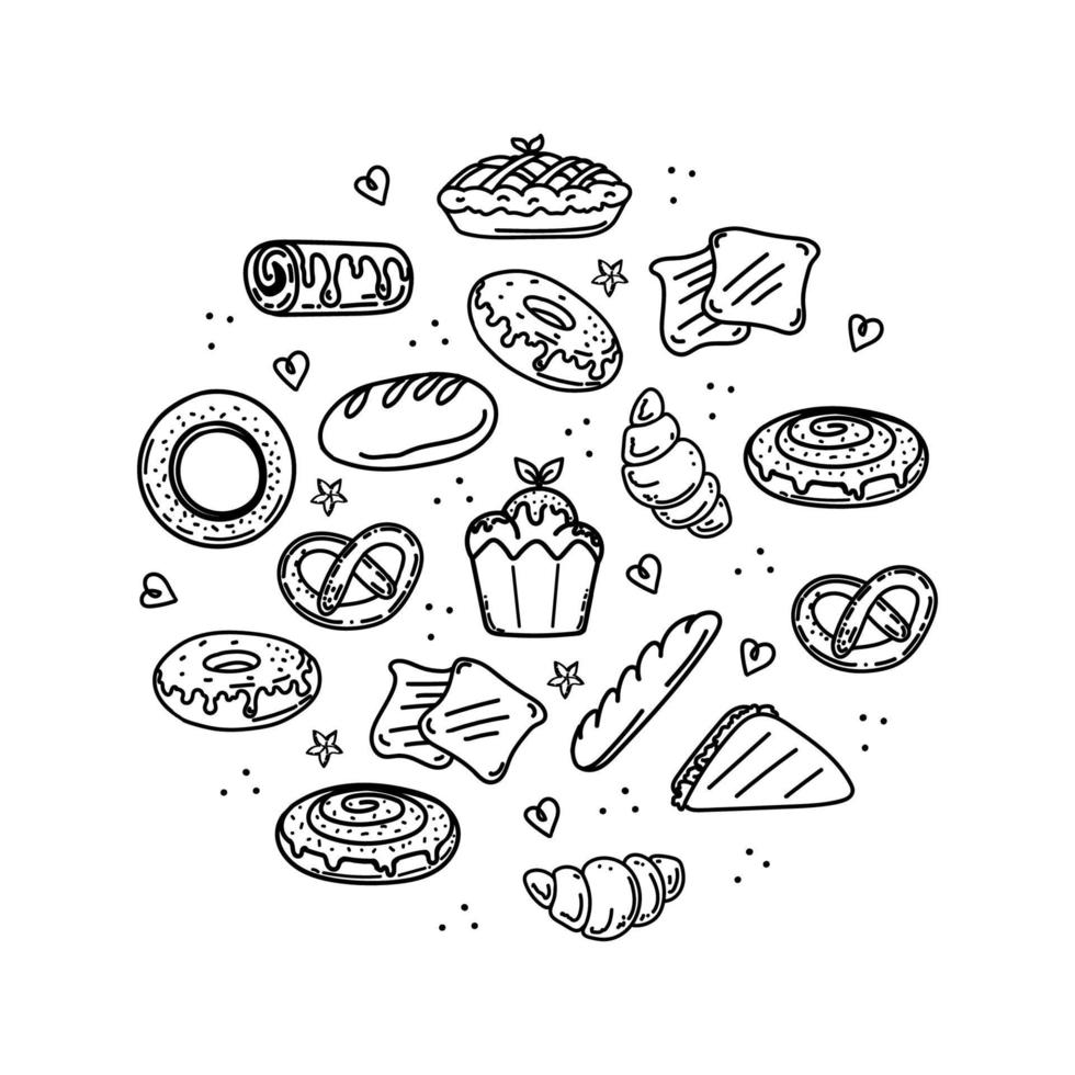 una colección de productos horneados y pasteles, elementos de garabatos dibujados a mano. diferentes tipos de pan, croissant, baguette, scones, muffin, muffin. lindas siluetas vectoriales sobre fondo blanco vector