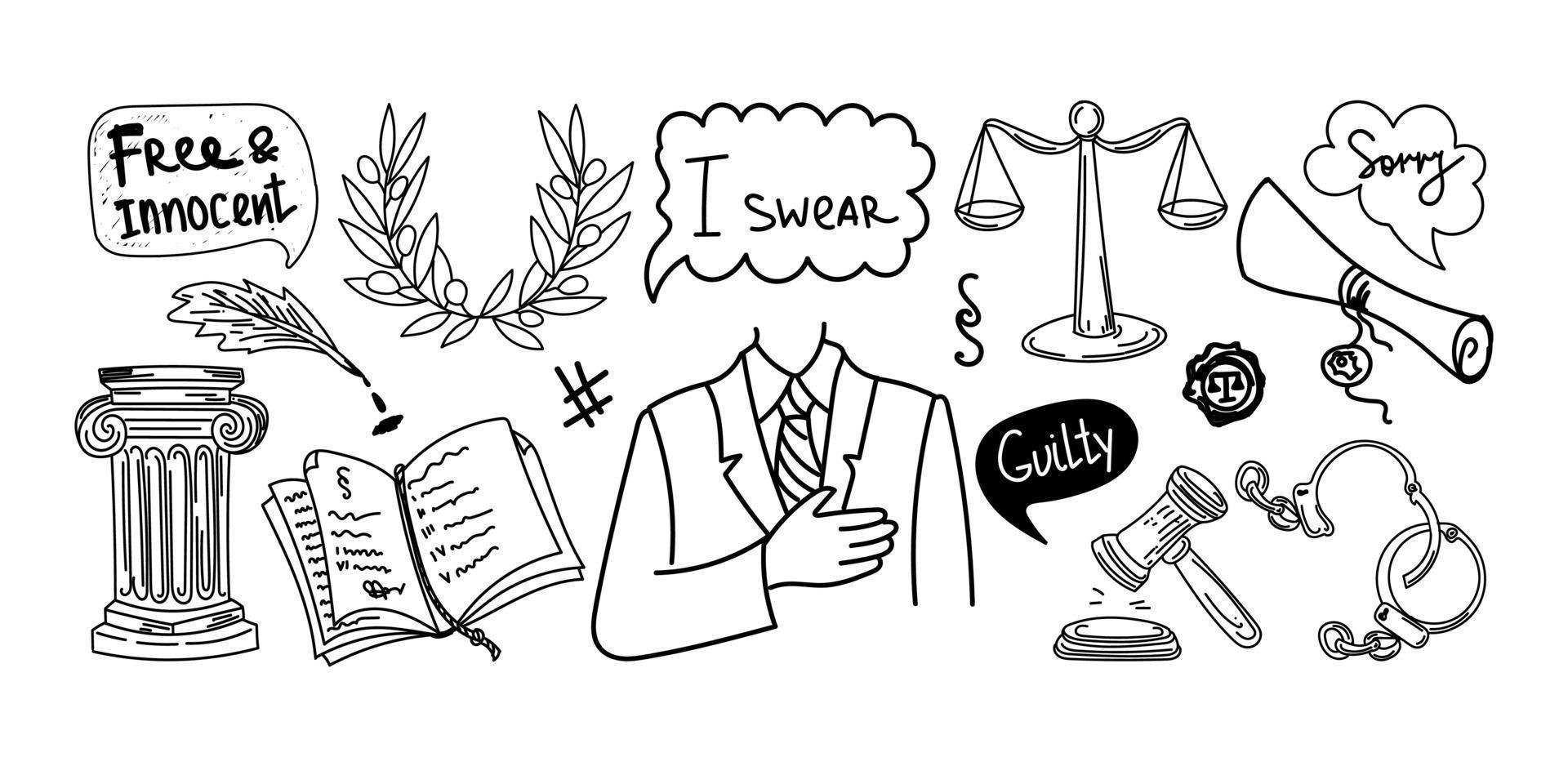 Set with symbols of law and justice, hand-drawn in sketch doodle style. Justice. Court. Oath. Testimony. The scales of justice. Documents. Paragraphs of the law. A collection of cartoon elements vector