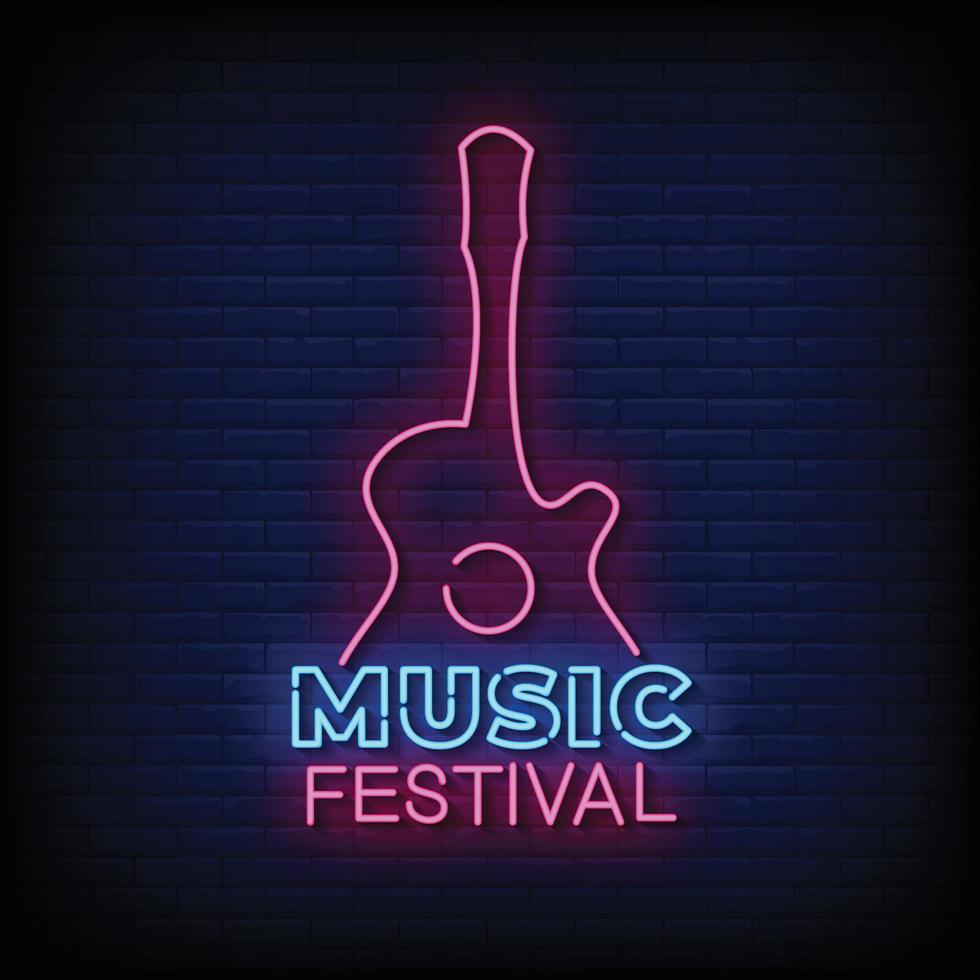 Music Festival Neon Sign On Brick Wall Background Vector