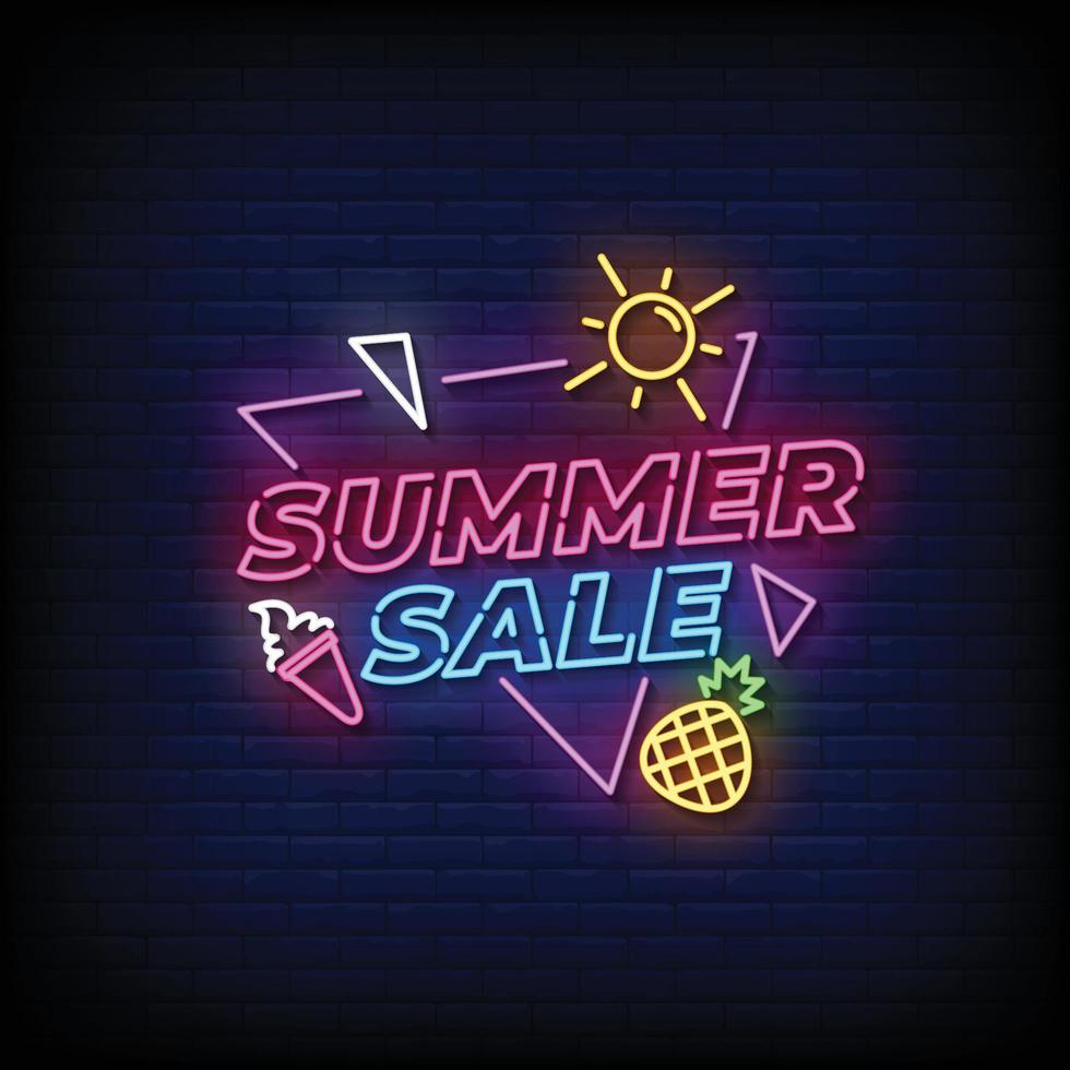 Summer Sale Neon Sign On Brick Wall Background Vector