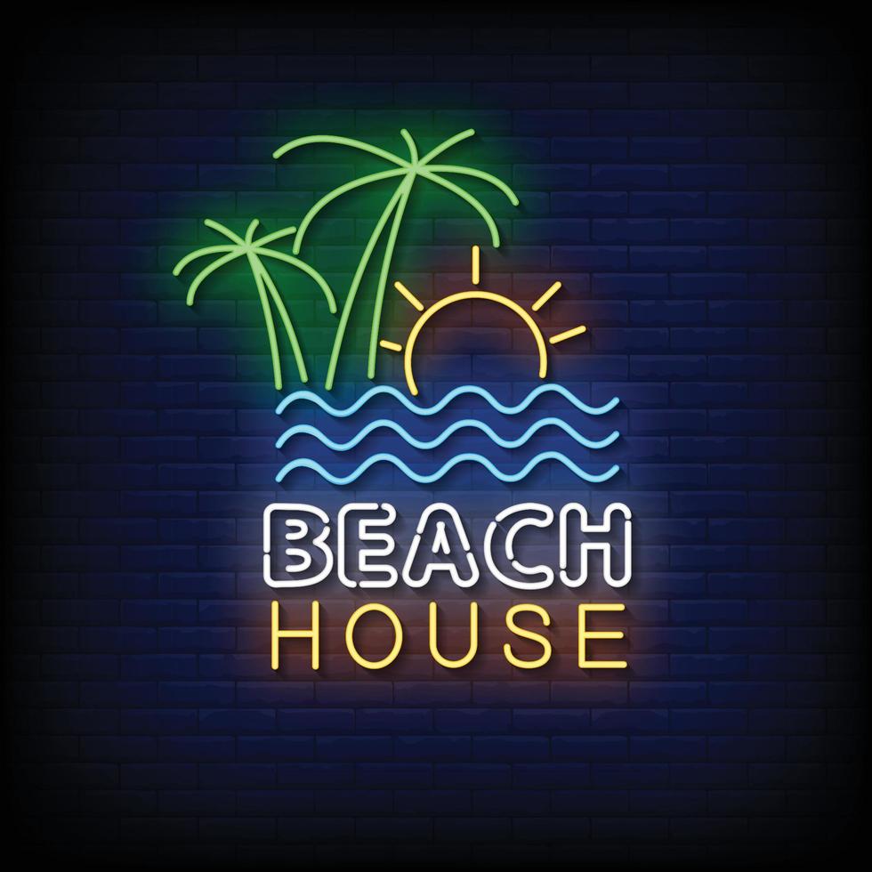 Beach House Neon Sign On Brick Wall Background Vector