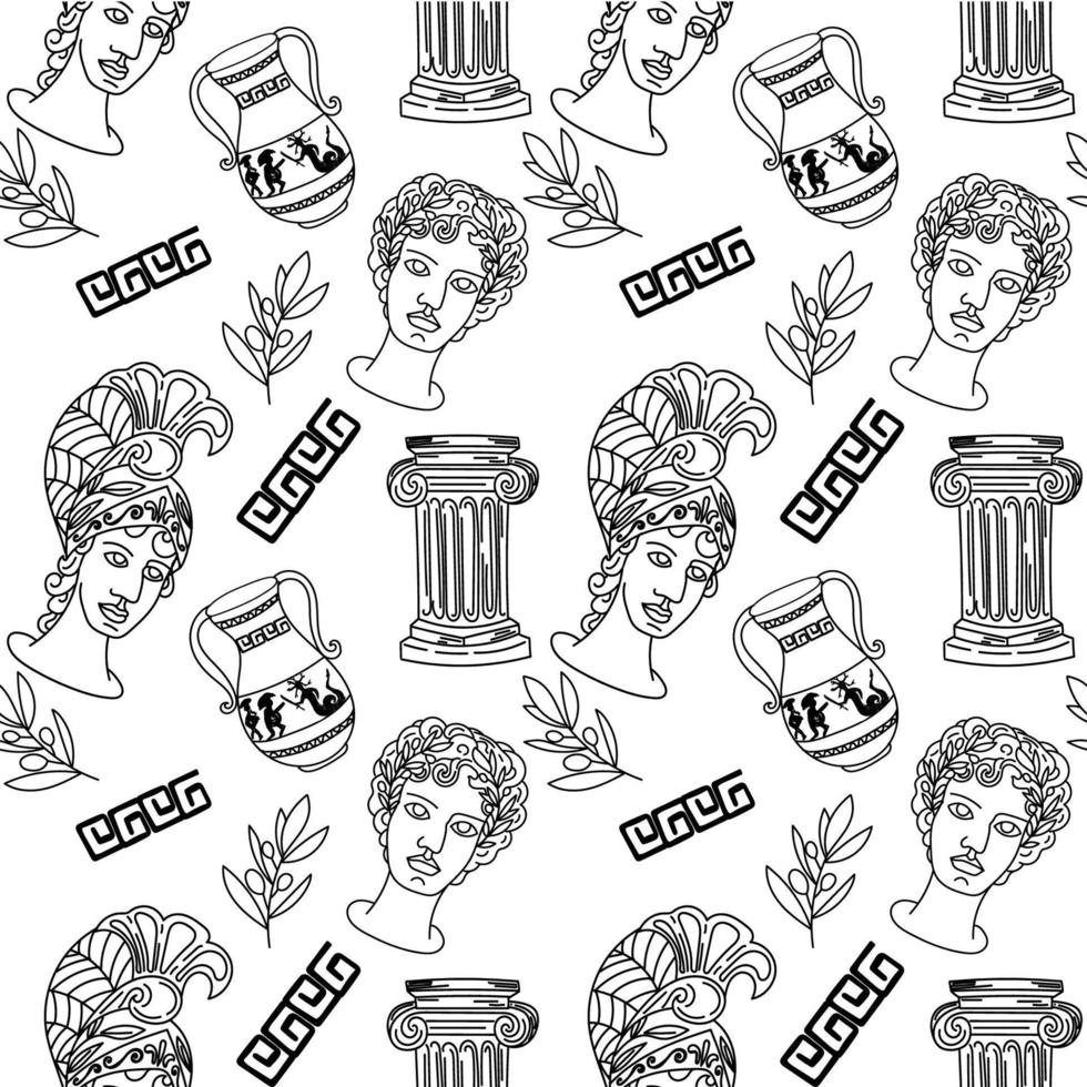 Demonic pattern of the heads of ancient Greek goddesses, drawn in the style of a doodle. Athena. A branch of olive. A jug with a russet. Ancient Greece and Rome, tradition and culture. Linear trend vector