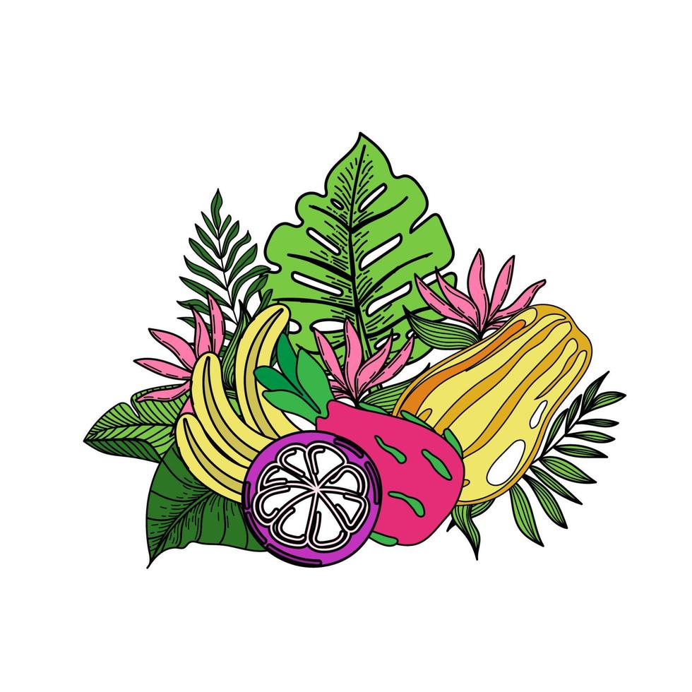 pancarta, afiche con frutas exóticas y hojas de monstruo y palma, flores tropicales de arrurruz. los elementos están pintados a mano en un estilo plano. selva. fondo de verano tropical floral y afrutado. vector