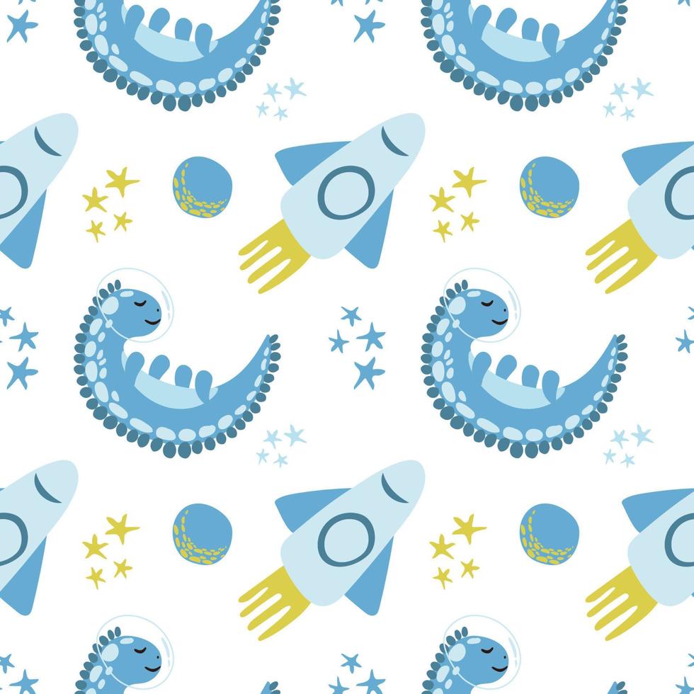 Seamless pattern of cute dinosaur astronauts. Vector in cartoon style. Astronaut dinosaur with rocket and stars around on white background