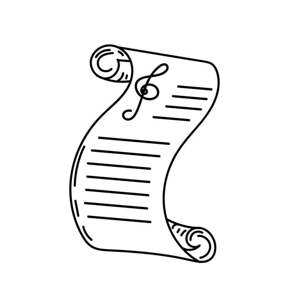 Paper rolled up with a treble clef, hand-drawn sketch style doodle. Monochrome palette. Vector simple illustration