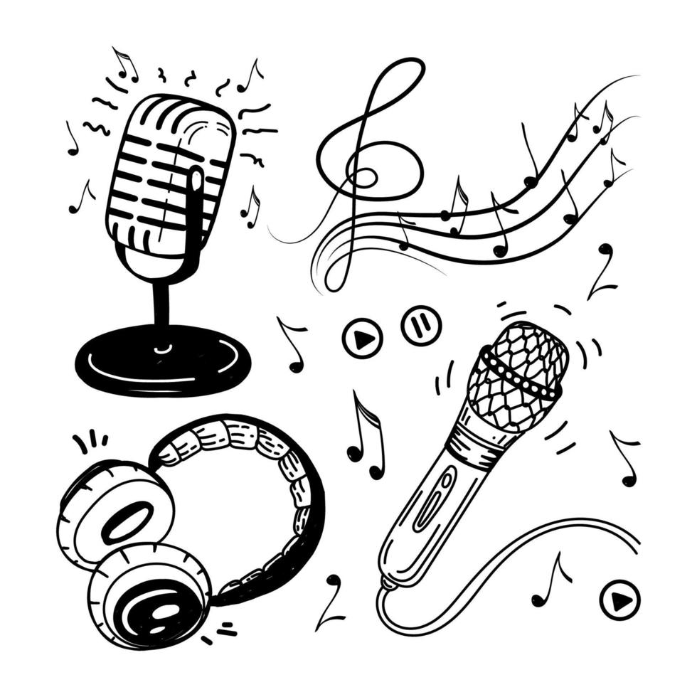 A set of musical elements, hand-drawn doodles in sketch style. Headphones, microphones, audio, treble clef with notes. Vector simple illustration isolated on white background