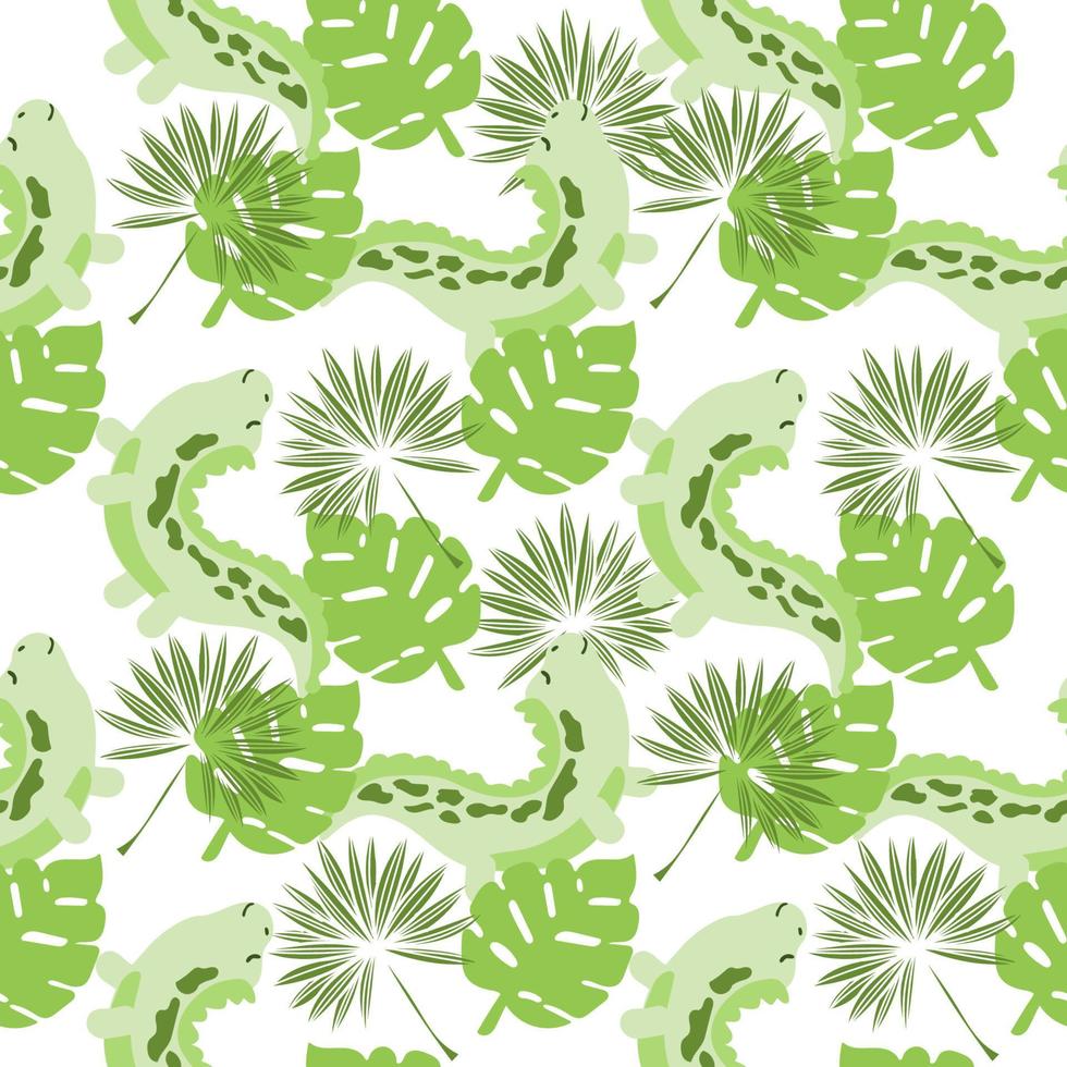 Seamless pattern of cute dinosaurs and tropical leaves. Cartoon vector style. Abstract green background of dinosaurs on white background