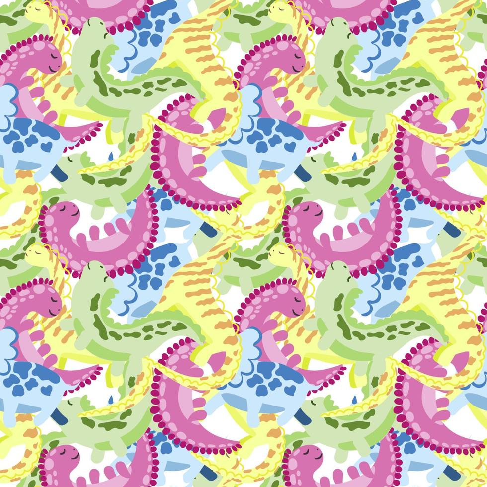 Seamless pattern of cute multicolored sleeping dinosaurs. Cartoon vector style. Abstract background of dinosaurs on white background