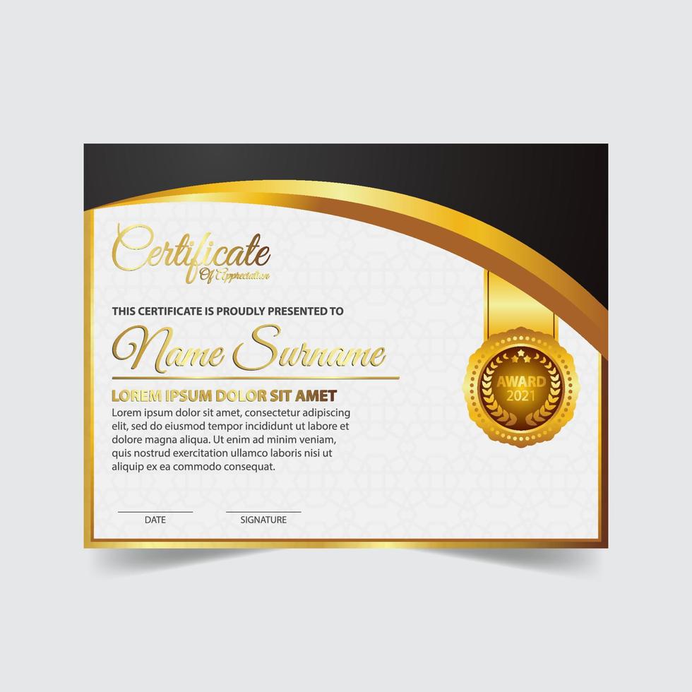 Award template certificate, gold color and gradient. Contains a modern certificate with a gold badge vector