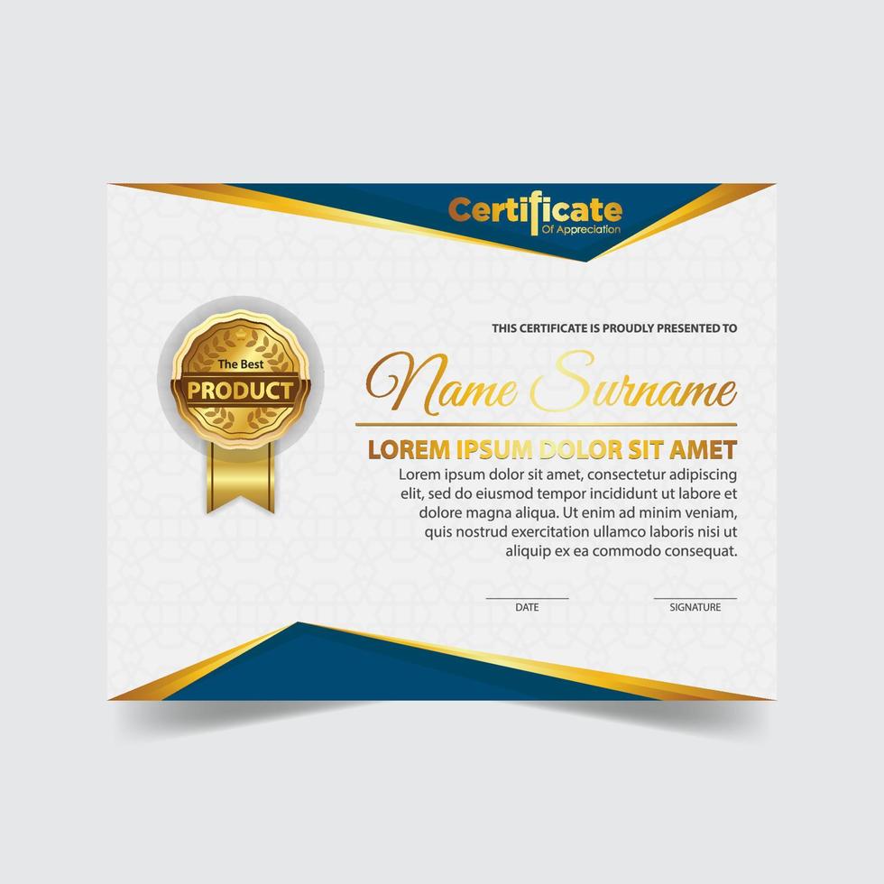 certificado de plantilla de premio, color dorado y degradado. contiene un certificado moderno con una insignia dorada vector