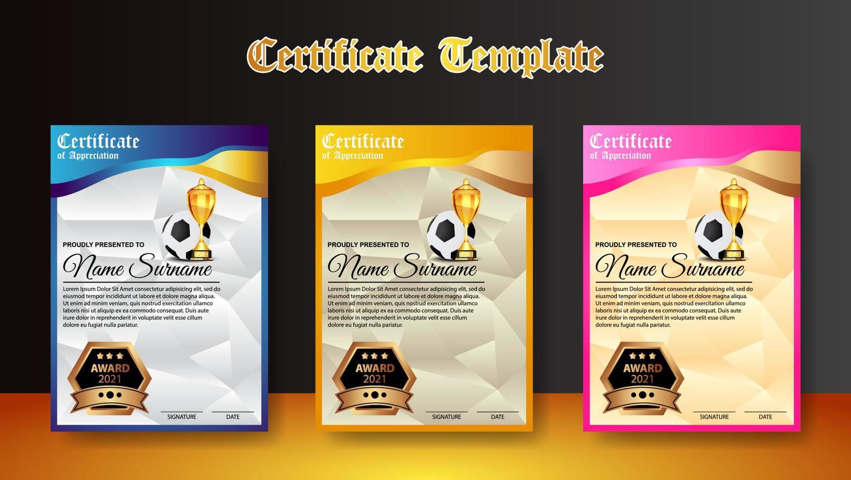 Soccer Game Certificate Diploma With Golden Cup Set Vector. Football. Sport Award Template. Achievement Design vector