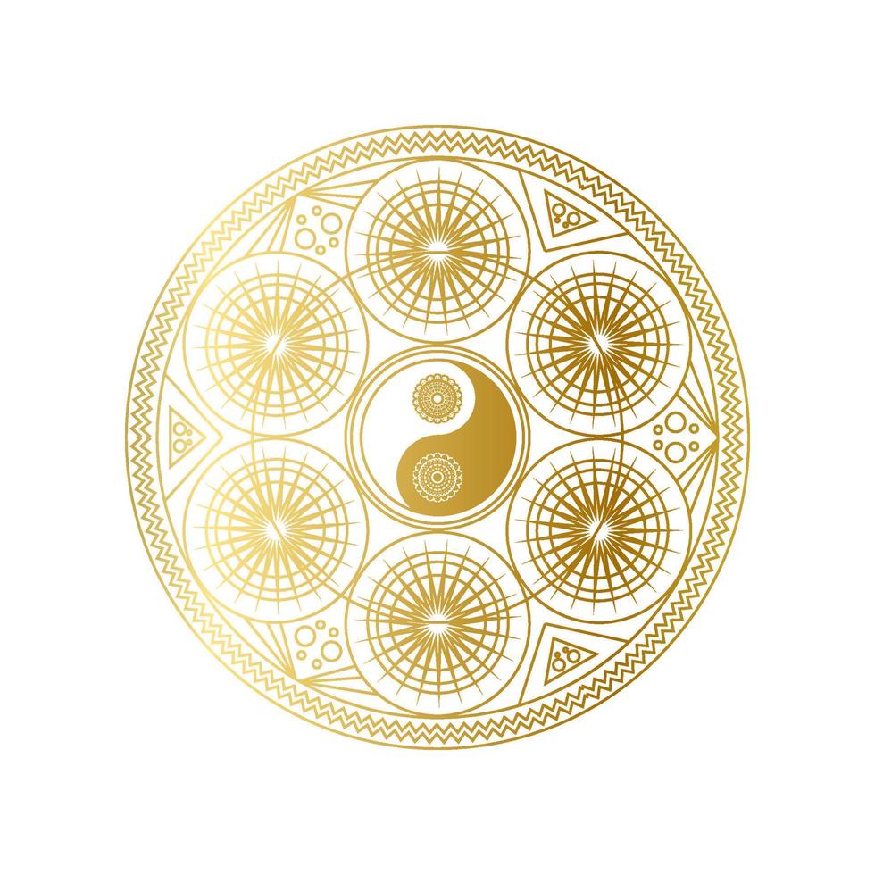 mandala dorado brillante con signo de yin yang aislado vector