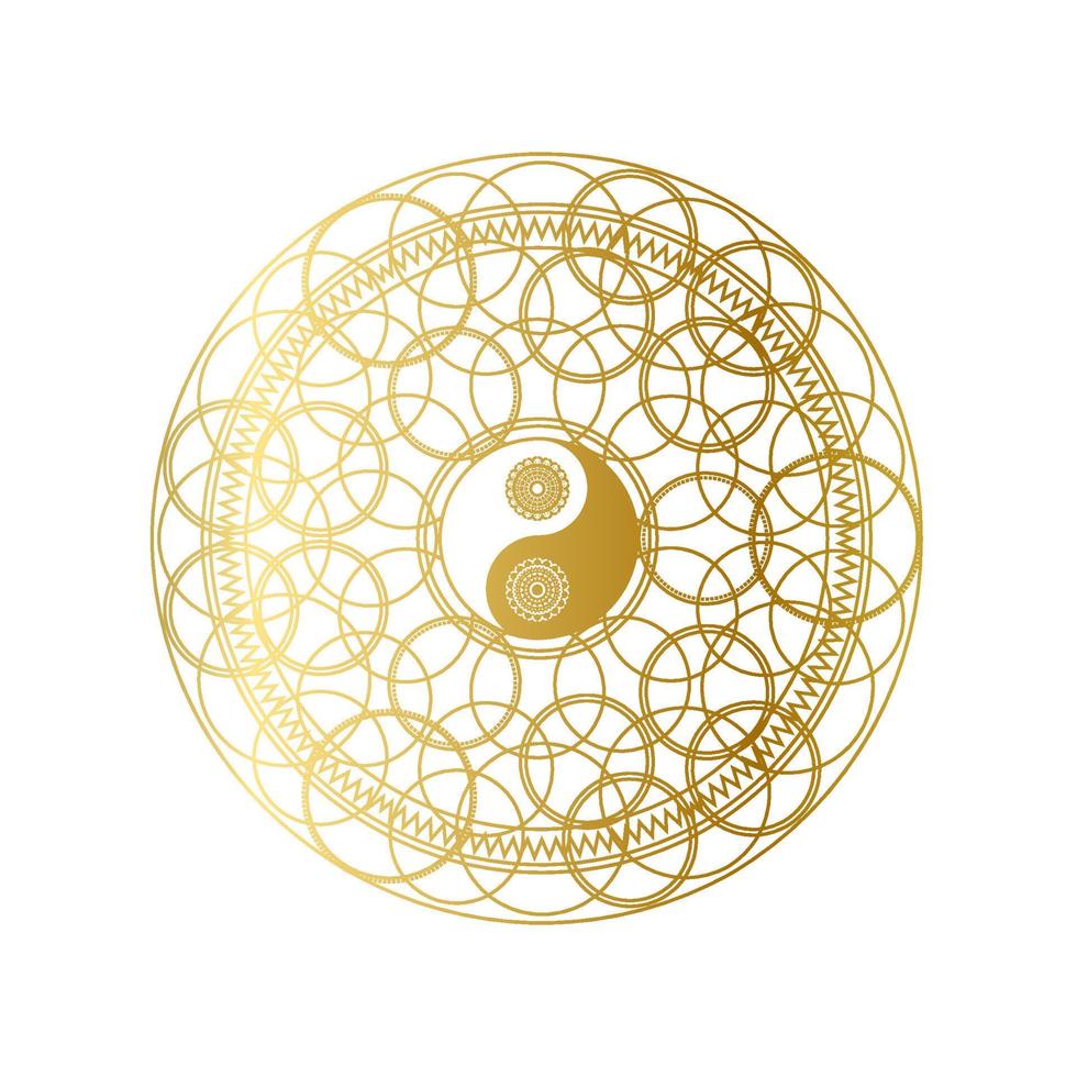 Shiny Golden Mandala with Yin Yang Sign Isolated vector