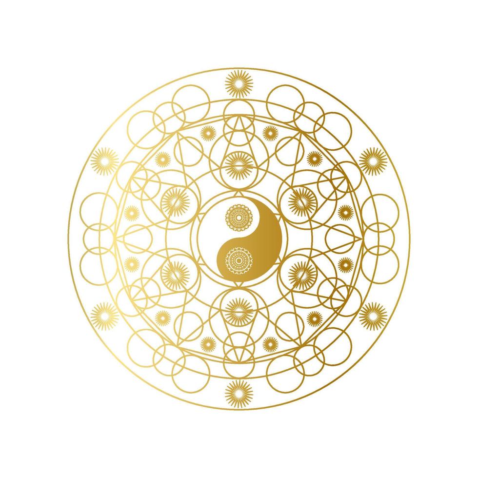 mandala dorado brillante con signo de yin yang aislado vector